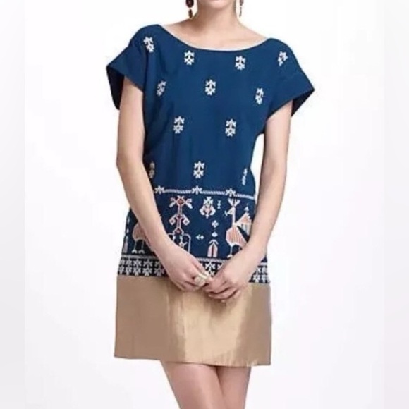Anthropologie Floreat Avian Myth Shift Dress Teal Gold Embroidered Aztec Size 0 - Picture 8 of 8